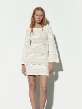Cotton Crochet Knit Mini Dress with Bell Sleeves - Ivory